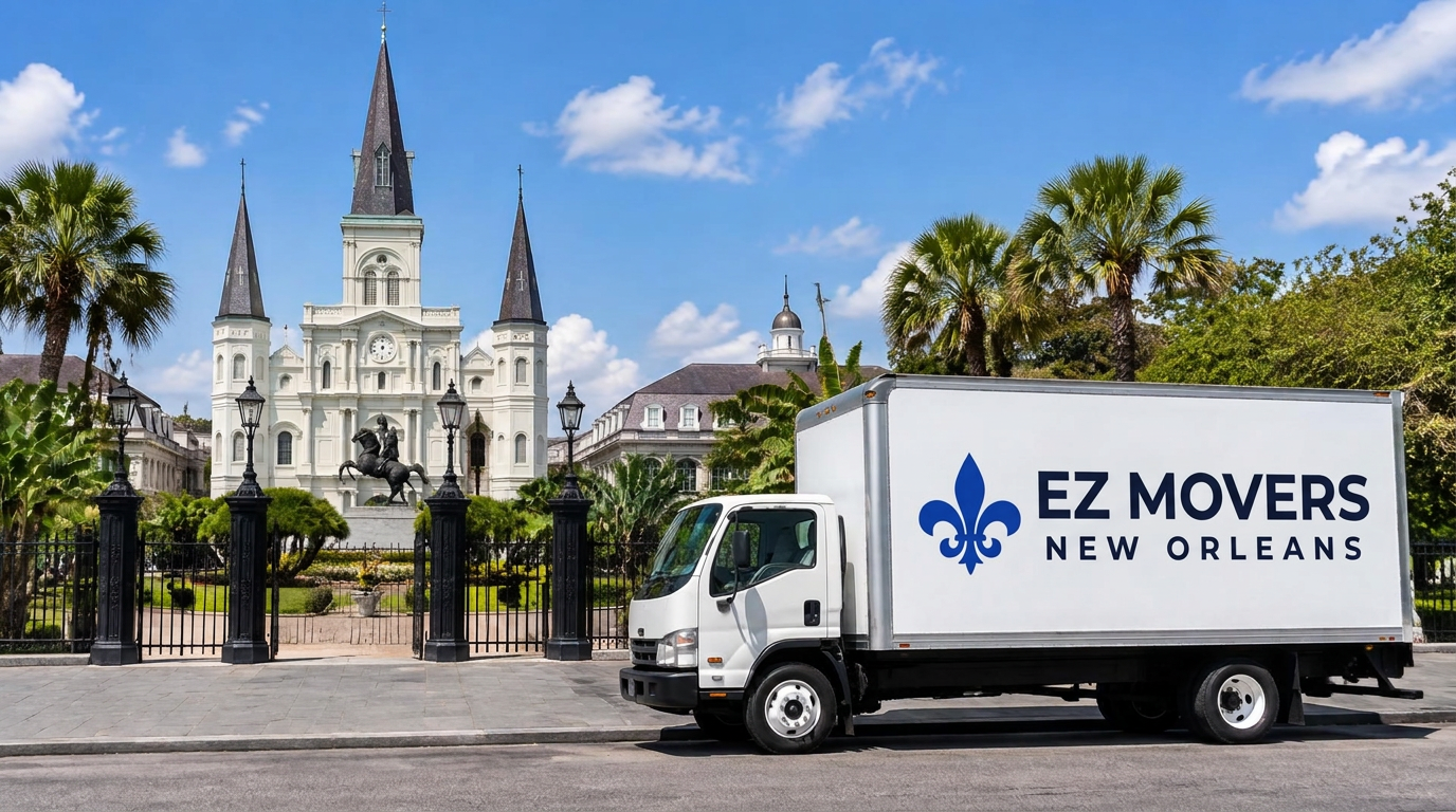 EZ Movers branded moving truck parked outside St. Louis Cathedral in New Orleans