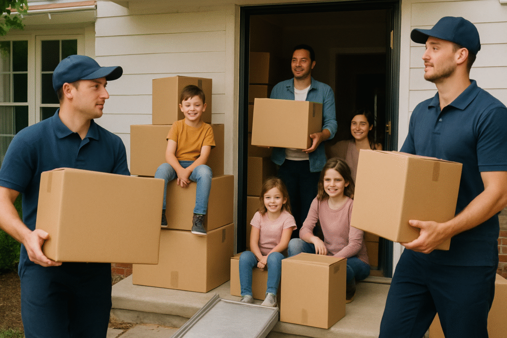 Show an image of a family moving like boxes inside their hom - Ez Movers
