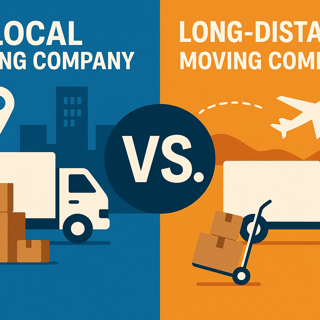 Split infographic contrasting local vs long-distance moving: blue side with a truck and boxes labeled Local Moving Company, orange side with a truck, boxes, and a plane labeled Long-Distance Moving Company, VS in a circle in the center.